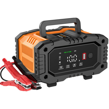 Chargeur de Batterie Intelligent 10A, 12V 24V LiFePO4 Chargeurs de Batterie pour Auto, Mainteneur de Automatique avec Compensati
