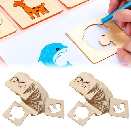 WANDGU Pochoirs à dessin pour enfants : 60 pochoirs en bois de 8 x 8 cm - Pochoirs à dessin en bois - Pochoirs à dessin pour enf