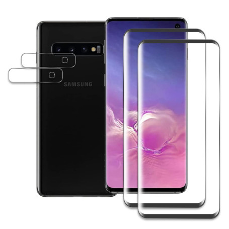 2 Pièces Verre Trempé pour Samsung Galaxy S10 avec 2 Pièces Protection d'Objectif de Caméra, Film en Protection Écran, 3D Incurv