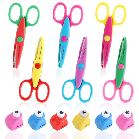 Lot de 6 Ciseaux de Bricolage pour Enfants avec 6 Perforatrices à Papier, 6 Formes de Coupe Différentes, Ciseaux à Papier pour E