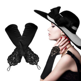 TSHAOUN Gants Sans Doigts en Dentelle et Satin pour Mariée, Femmes, Filles - Soirée, Mariage, Charleston, Années 1920 - Noir, Ad