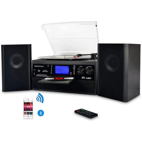 DIGITNOW! Tourne-Disque Bluetooth Viny pour CD, Cassette, Radio AM/FM et entrée auxiliaire, Port USB et encodage SD, télécommand