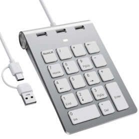 Pavé Numérique avec USB A/USB C, Multifonctions Clavier Numérique avec 3 Ports USB 2.0, 18 touches, Mini Clavier Numérique Ergon