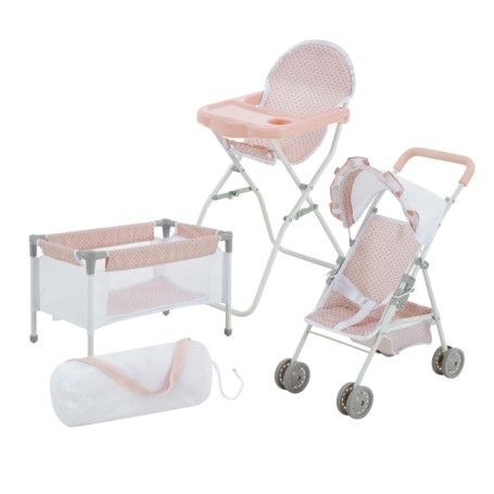 Olivia's Little World Station de Nurserie 3pcs Lit Bebe Chaise Haute et Poussette Rose Gris