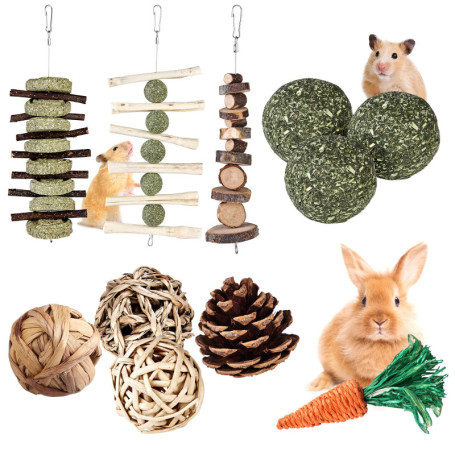Jouets à Mâcher pour Lapin,11 PCS Jouets pour Petits Animaux,Jouets de Hamsters,Jouets de Cochon D'Inde,Naturel Petits Animaux M
