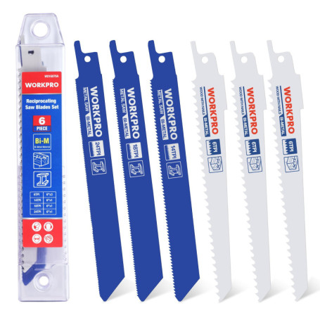 WORKPRO Lames de Scie Sabre, 6 Pièces BIM 14/18/24/6 TPI Lame de Scie pour Métal et Bois avec Boîte de Rangement