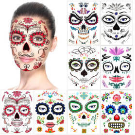 Halloween Tatouages Temporaires pour visage (8 Feuilles), Howaf Crâne mort Floral Squelette Noir Tatouages éphémères Pour homme 
