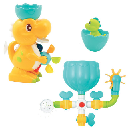 LUDI - Coffret de Bain Dino - 1 Circuit d’Eau à Construire, 1 Grand Dinosaure, 1 Bébé Dino Aspergeur - Jouet de Bain pour Bébé à