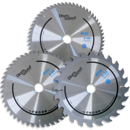 DIAMWOOD - Lot de 3 Lames Bois Scie Circulaire Universelle HM | Scie Table, Combinée Toupie scie | Diamètre 250 mm | 24-48-60 De