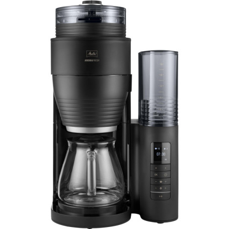 Melitta Cafetière à Filtre AromaFresh Glass Pro X Noire, avec Moulin à grains Intégré & Verseuse Isotherme, Double Fonction Minu