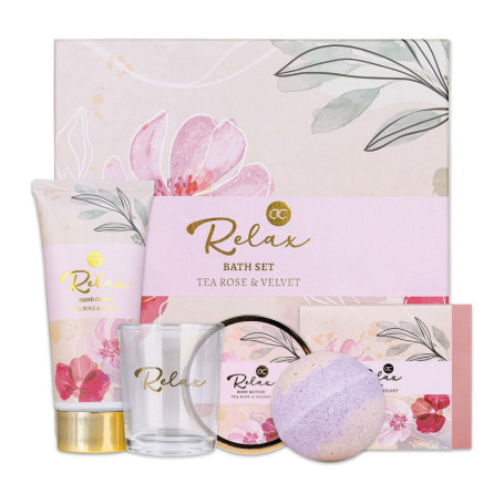 Accentra - Set de bain & soin RELAX dans une belle boîte cadeau, 5 pcs Wellness - Kit cadeaux pour femmes avec beurre corps, sav