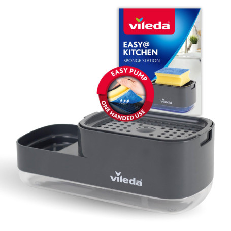 Vileda Distributeur de liquide vaisselle Pump avec porte-éponge - Solution pratique 2 en 1 pour la cuisine - Distributeur de sav