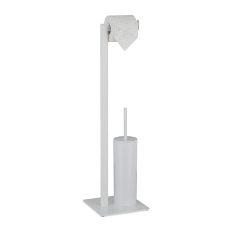 Relaxdays Serviteur WC Non Fixe, avec Porte-Rouleau, Brosse et Son Support, Acier, H x L x P : 72 x 20 x 20 cm, Blanc