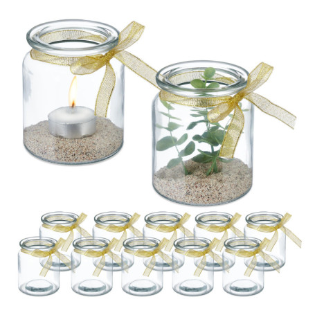 Relaxdays Photophores, Lot de 12, Verre, extérieur & intérieur, H x D: 9,5 x 8 cm, bougeoirs à nœud, Transparent - doré