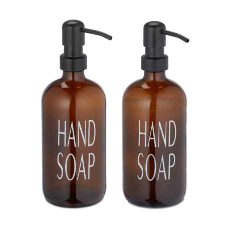 Relaxdays Distributeur de Savon, Lot de 2, Porte-Savon Liquide, Rechargeable, tête de Pompe, Inscription, 500 ML, Marron