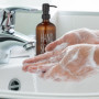 Relaxdays Distributeur de Savon, Lot de 2, Porte-Savon Liquide, Rechargeable, tête de Pompe, Inscription, 500 ML, Marron