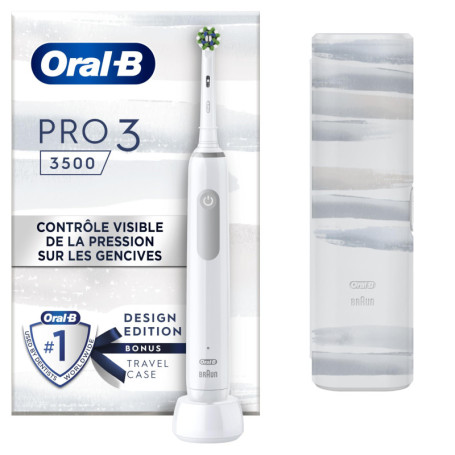 Oral-B Pro 3500 Brosse À Dents Électrique Blanche, Un Capteur De Pression Pour Protéger Les Gencives Sensibles, Des Accessoires,