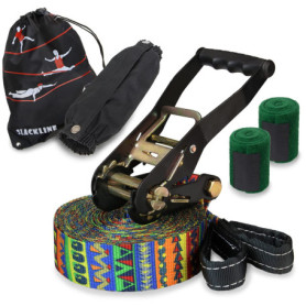 ALPIDEX Slackline Set 15 m + Protections pour Arbre et Protection cliquet, Convient aux Enfants, débutants et avancés
