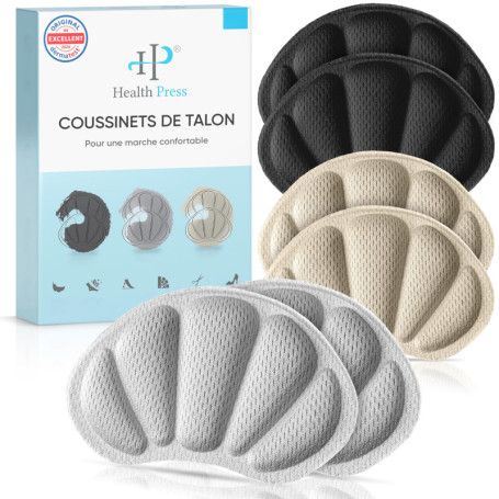 Health Press® Lot de 3 paires de semelles de protection de talon de qualité supérieure - Noir, gris, beige - Semelles antidérapa
