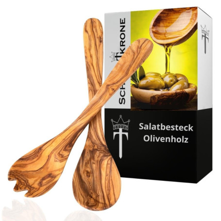 Schwertkrone Ensemble de Couverts à Salade en Bois d'Olivier 30cm - Beauté Naturelle et Durabilité Exceptionnelle