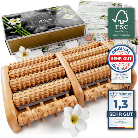 HELDSON® Rouleau de Massage en Bois • Appareil de Massage des Pieds • Drainage Lymphatique & Solution de Relaxation Manuel • Thé