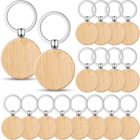LEWITORS Lot de 50 porte-clés ronds en bois - 40 mm - Pour bricolage - Prêt à écrire au laser