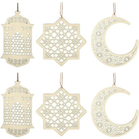 ANCLLO 2 ensembles 6 pièces pendentif en bois ornement Ramadan Kareem décoration lune étoile vent lumière forme pendentif orneme