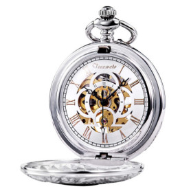 TREEWETO Montre de Poche avec chaîne Steampunk Squelette Mécanique Full Hunter Argent