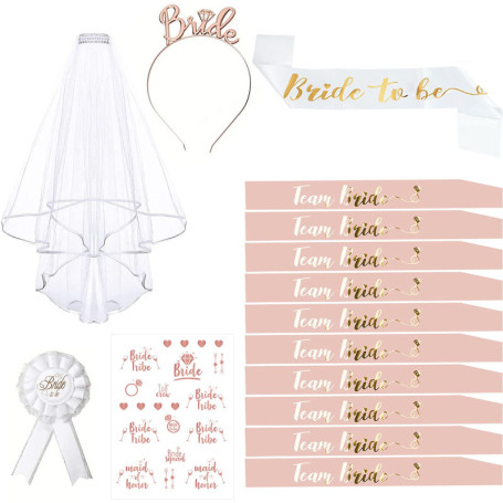 EVJF Accessoire, 15PCS Enterrement de Vie de Jeune Fille Accessoire, Kit Écharpe EVJF avec 10 Team Bride Écharpe, 1 Écharpe Futu