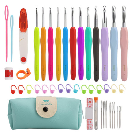 Kit de Crochet 44 Pièces - 12 Tailles pour Débutants - Poignée Ergonomique Souple - Accessoires de Crochet Colorés - Avec Sac de