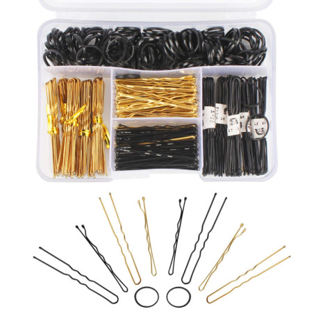 Dadabig 320PCS Épingles à Cheveux et Petit Élastique Cheveux Silicone, Pince a Cheveux en Forme de U Noir & Or avec Boîte de Ran