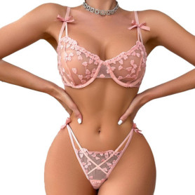 Auriselle Femme Ensemble Lingerie Sexy à nœuds 2 pièces, Motif cœur Broderie résille décoration Dentelle translucide Soutien-Gor