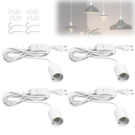 Support Lampe pour Ampoule E27, 4 Kit de Suspension Luminaire avec Douille E27 Interrupteur, avec Anneau Fileté e Câble 5 m et E