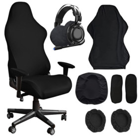 WIYETY Housse de chaise de gaming - Noir - Extensible - Pour ordinateur de jeu - Style racing - Chaise de bureau (noir, avec hou