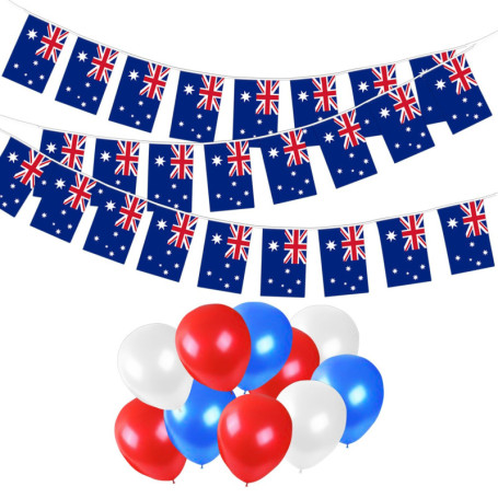 1 guirlande de 25 fanions avec drapeau australien, 10 ballons carrés, drapeaux australiens pour tirer, fêtes de rue et célébrati