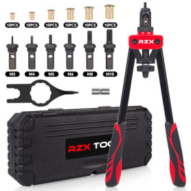 Outil à riveter 14" - Kit professionnel pour rivets avec M3 M4 M5 M6 M8 M10 métriques 6 mandrins et 60 écrous, conception permet