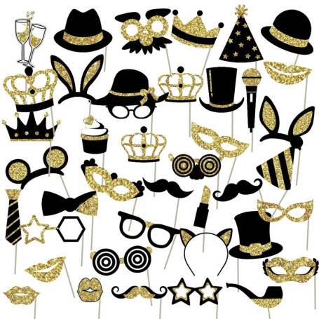 40Pcs Accessoires De Selfie De Bal, Accessoires De Photo De Fête d'anniversaire, Accessoires De Photo Noir Et Or pour Adultes En