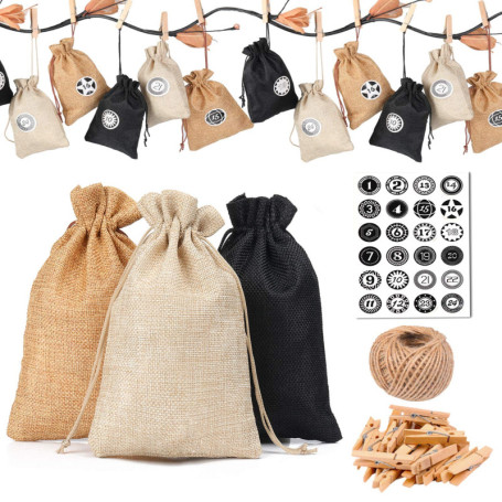 KATELUO 24 Calendrier de l'Avent-Sac en Tissu,24 Numérique Autocollants,DIY Noël Cadeaux Sacs à,Pendentifs de décorations Sacs, 