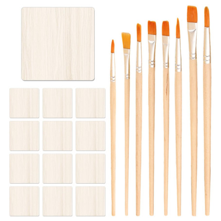 12 Copeaux De Bois, 8 Pinceaux, Sous-Verres En Bois, Sous-Verres Carrés, Sous-Verres En Bois Pour L'Artisanat, Ébauches De Bois 