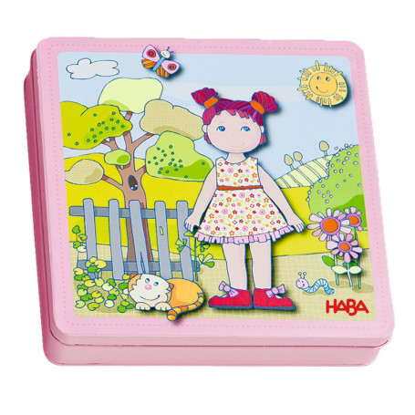 HABA 7392 - Boîte de Jeu magnétique Poupée Lilli à Habiller - 54 pièces magnétiques et 4 Fonds dans Une boîte métallique Robuste