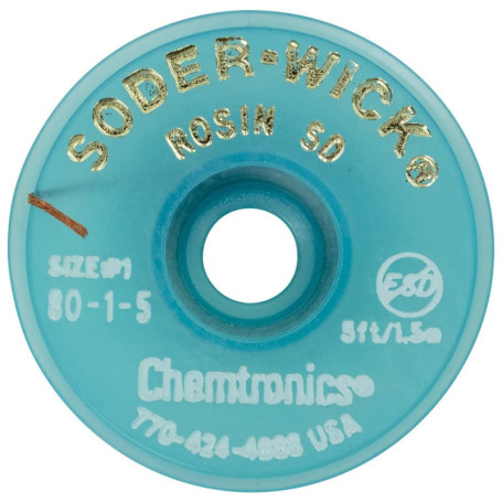 Chemtronics Soder-Wick-Rosin 80-1-5 Tresse à dessouder, 0,8 mm, 1,5 m, MIL-F-14256F Type R, NASA STD-8739.3 Soldered Electrical 