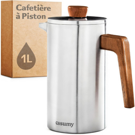 Cosumy Cafetière à Piston Inox 1l pour 5 Tasses - Double Paroi Isolante - Garde le café chaud - Acier Inoxydable et Bois de chên