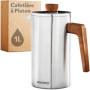 Cosumy Cafetière à Piston Inox 1l pour 5 Tasses - Double Paroi Isolante - Garde le café chaud - Acier Inoxydable et Bois de chên
