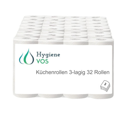 Hygiène VOS 32 rouleaux de cuisine absorbants 3 plis originaux dans un énorme paquet de 8 x 4 rouleaux (32 x 50 feuilles)