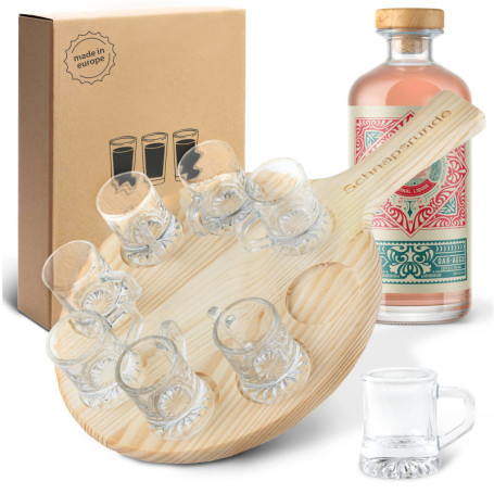 Smart Planet - Plateau de service pour eau-de-vie - En bois de hêtre - 8 verres à eau-de-vie - Avec inscription « Schnapsrunde »