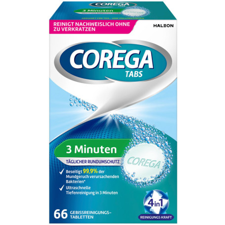 Corega TABS de nettoyage 3 minutes pour prothèses dentaires/troisième dents amovibles, 1 x 66 comprimés de nettoyage des dents