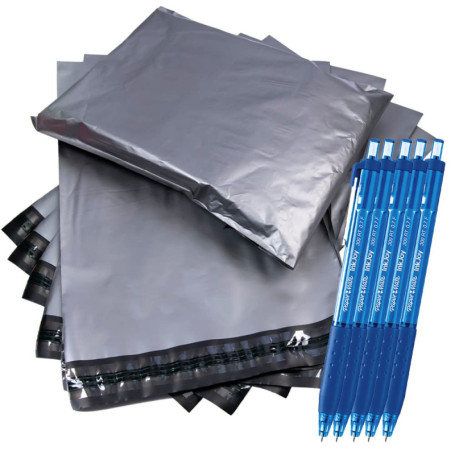 Lot de 100 sacs postaux pour vêtements, Emballage Colis Vetement, avec fermeture autocollante Gris 35,6 x 53,3 cm + 5 stylos à b
