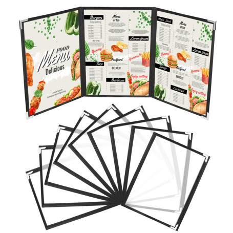 Kurtzy Protege Menu A4 Triple Fold (Lot de 10) - Protège Carte Présentoir Transparent en Vinyle et Reliure Noire Style Américain