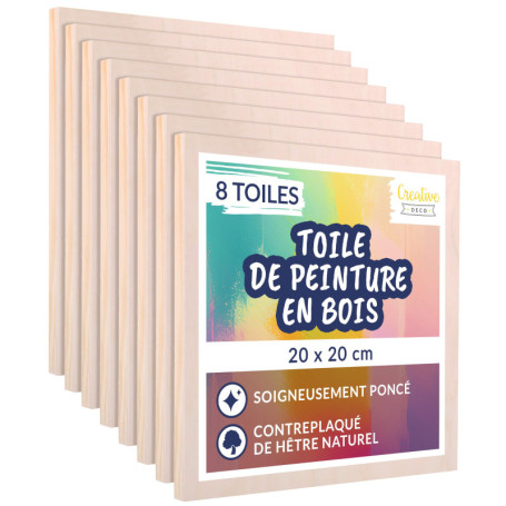 Creative Deco 8 x Toile à Peindre en Bois | 20 x 20 cm | Pour Gouache, Aquarelle, Acrylique | Tableau Brut | Panneau