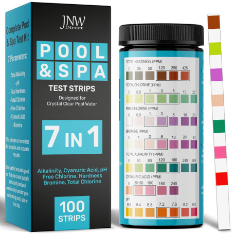 100 Bandelettes Spa et Piscine 7 en 1 - Test Brome, pH, Dureté et Chlore Rapide et Fiable - E-book Inclus - JNW Direct